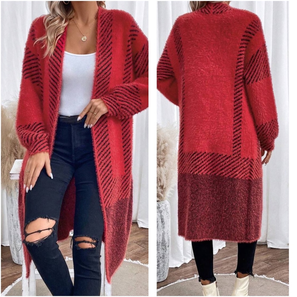 Cozy Color Block Stripes Fuzzy Open Front Cardigan - Picture 1 of 7